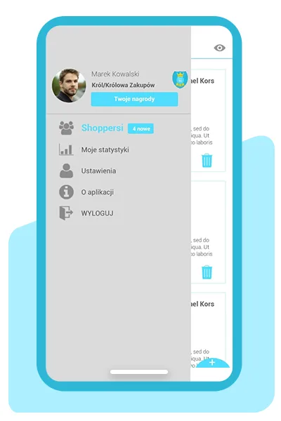 Aplikacja CountMe - menu profilu: statystyki, ustawienia, nagrody
