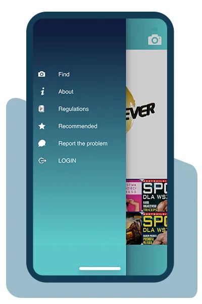 Aplikacja Discover Ever - menu boczne: wyszukiwanie, regulamin, polecane, zgłoś problem