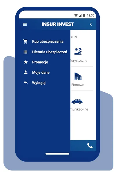 Aplikacja Insur Invest - menu: kup ubezpieczenie, historia ubezpieczeń, promocje, moje dane