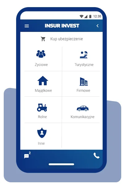 Aplikacja Insur Invest - wybór rodzaju ubezpieczenia: życiowe, majątkowe, rolne, komunikacyjne