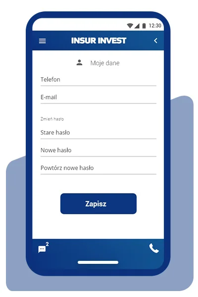 Aplikacja Insur Invest - edycja danych konta i zmiana hasła