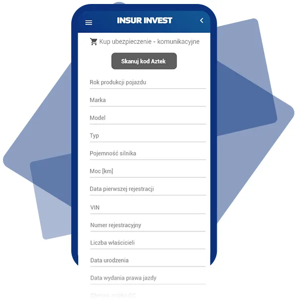 Aplikacja Insur Invest - formularz ubezpieczenia komunikacyjnego z danymi pojazdu