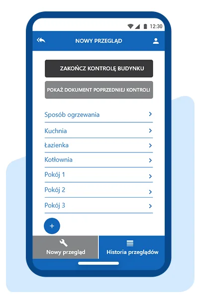 Aplikacja Kominiarczyk - nowy przegląd: lista pomieszczeń i zakończenie kontroli budynku