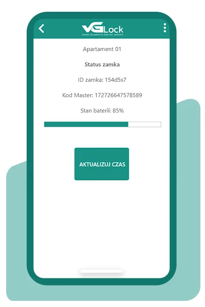 Aplikacja VG Lock - status zamka: identyfikator, stan baterii, aktualizacja czasu