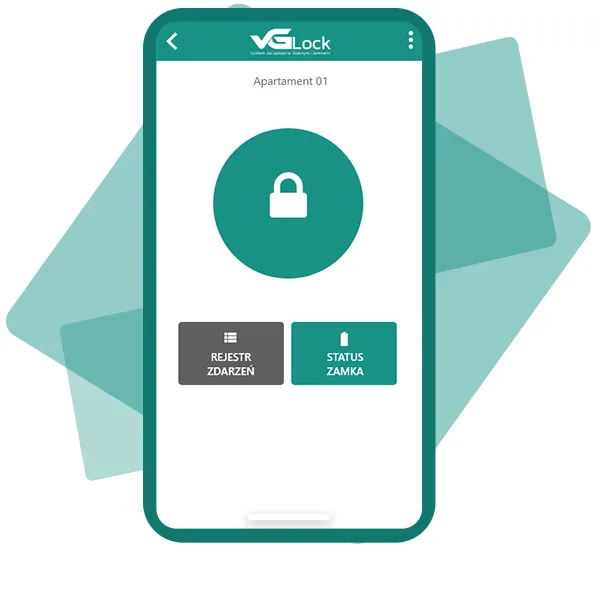 Aplikacja VG Lock - zamek apartamentu z przyciskami rejestru zdarzeń i statusu