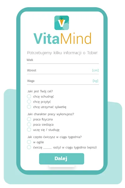 Aplikacja VitaMind - formularz danych: wiek, wzrost, waga, cel i aktywność
