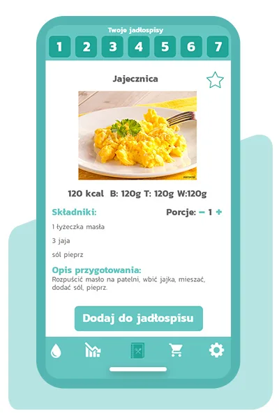 Aplikacja VitaMind - przepis na jajecznicę ze składnikami i kalorycznością