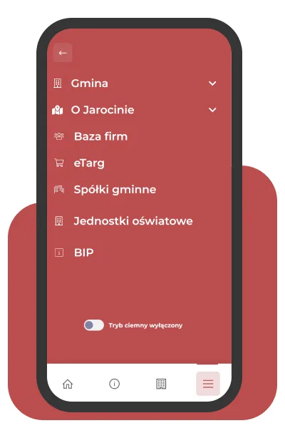 Aplikacja Jarocin.pl - menu: gmina, baza firm, eTarg, spółki gminne, BIP