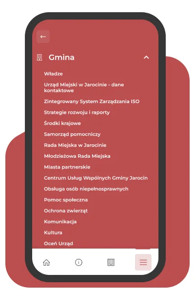 Aplikacja Jarocin.pl - rozwinięte menu z informacjami o urzędzie i gminie