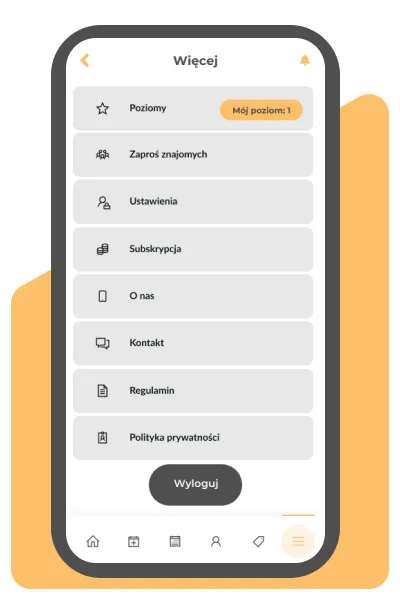 Aplikacja Clean App - menu: poziomy, zaproś znajomych, subskrypcja, ustawienia