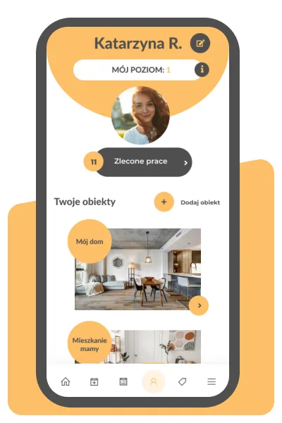 Aplikacja Clean App - profil klienta z poziomem i listą obiektów do sprzątania