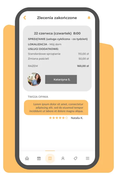 Aplikacja Clean App - zakończone zlecenie z kosztami i oceną wykonawcy