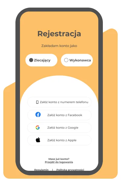 Aplikacja Clean App - rejestracja jako zlecający albo wykonawca