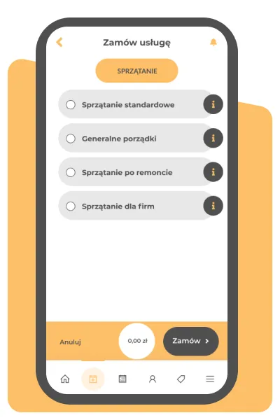 Aplikacja Clean App - wybór rodzaju sprzątania przy zamówieniu