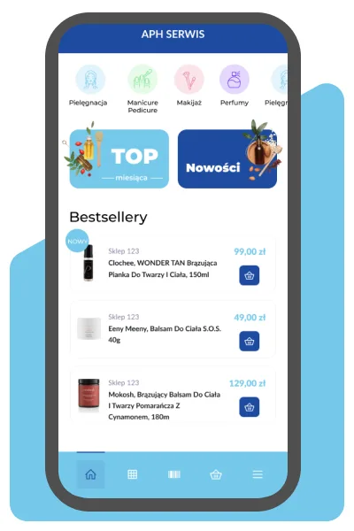 Aplikacja APH Serwis - ekran główny z kategoriami kosmetyków i bestsellerami
