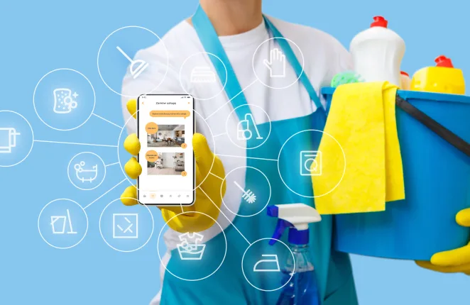 Osoba z wiadrem środków czystości pokazuje smartfon z aplikacją Clean App