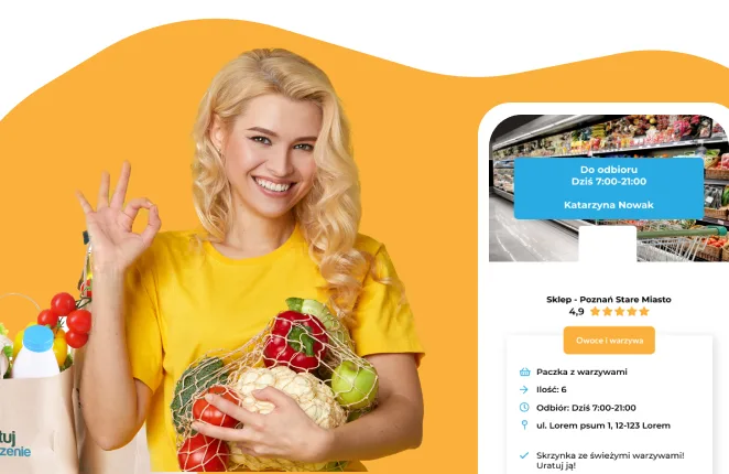 Kobieta z torbą zakupów i ekran aplikacji Ratuj Jedzenie z ofertą sklepu