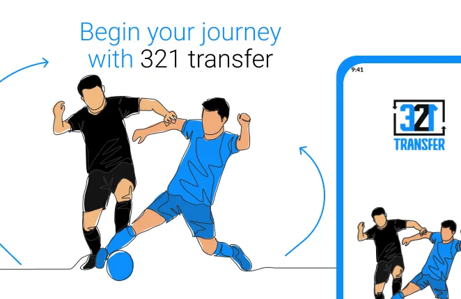 Grafika „Begin your journey with 321 transfer” z piłkarzami i ekranem aplikacji