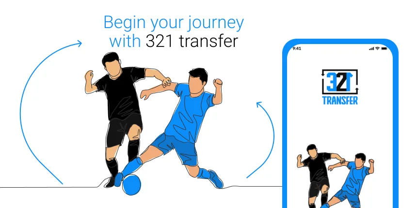 Grafika „Begin your journey with 321 transfer” z piłkarzami i ekranem aplikacji