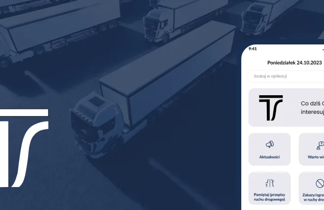Logo aplikacji dla kierowców i przewoźników na tle ciężarówek obok ekranu głównego