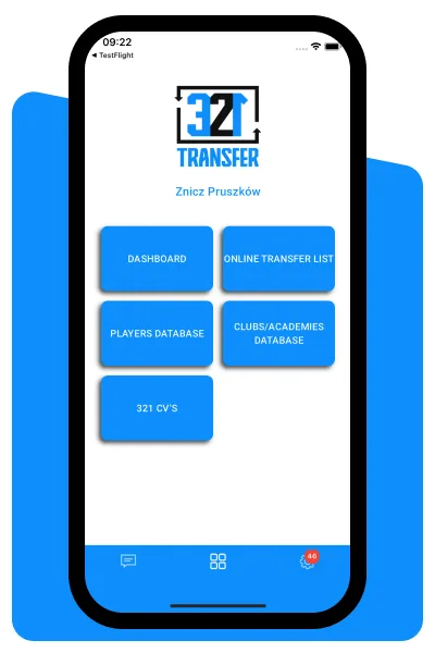 Aplikacja 321 Transfer - menu: dashboard, lista transferów, bazy zawodników i klubów