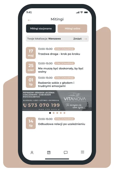 Aplikacja Nove Życie - lista mitingów stacjonarnych i online