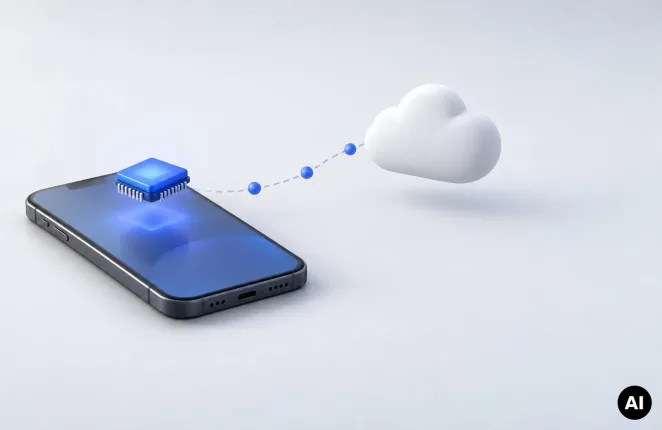Telefon z układem AI nad ekranem i chmura połączona kropkowaną linią - model na urządzeniu kontra model w chmurze