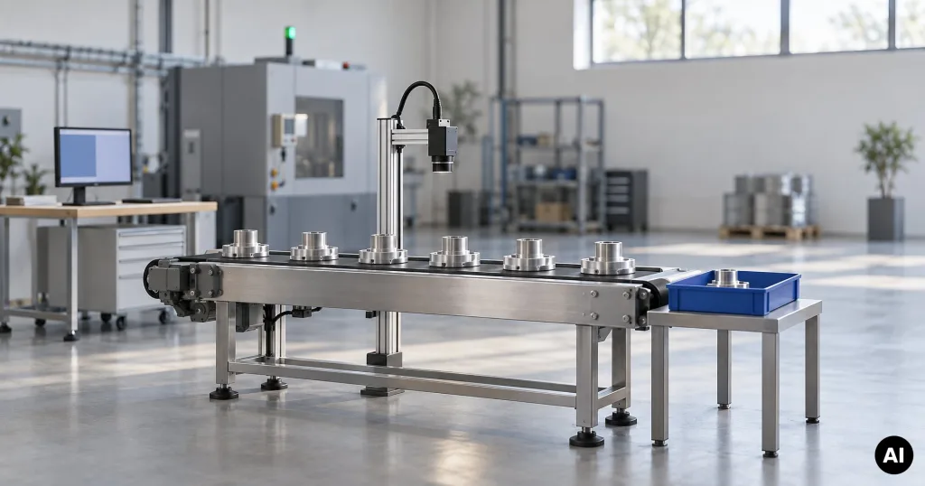 Taśmociąg z metalowymi częściami pod kamerą kontroli jakości, jedna część odłożona na niebieską tackę - AI w produkcji