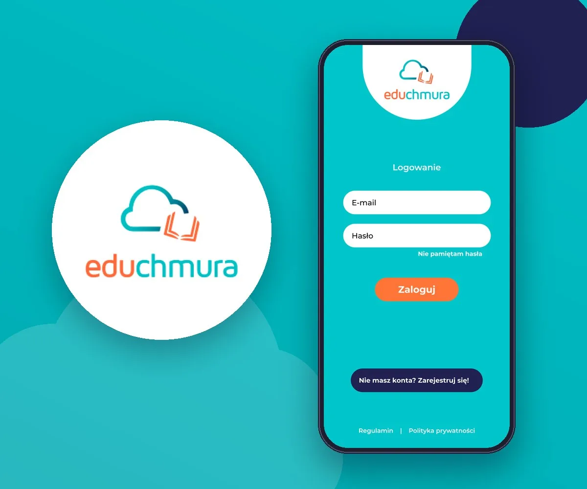 Logo educhmura i telefon z ekranem logowania aplikacji