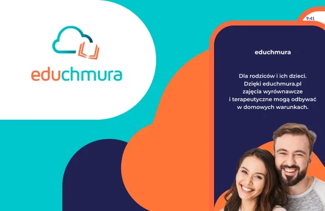 Logo educhmura i dwa telefony z aplikacją: ekran powitalny dla rodziców i pulpit z materiałami na turkusowym tle