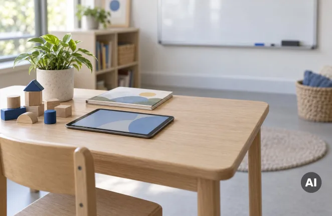 Tablet na drewnianym stoliku obok klocków edukacyjnych i książeczki dla dzieci