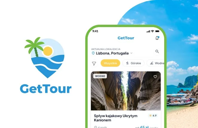 Logo GetTour, telefon z listą wycieczek w aplikacji i podróżniczka z plecakiem na tropikalnej plaży