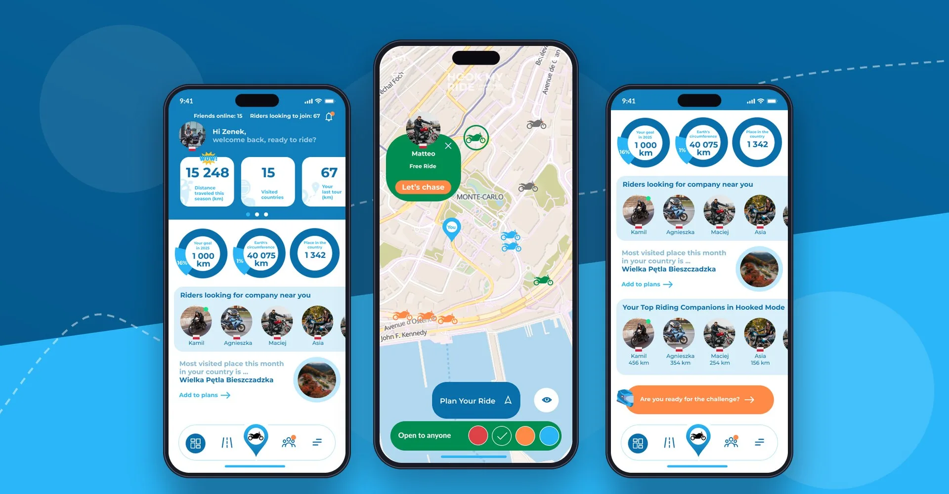 Telefony z aplikacją HookMyRide: pulpit ze statystykami i celami, mapa motocyklistów w pobliżu, towarzysze jazdy i wyzwanie