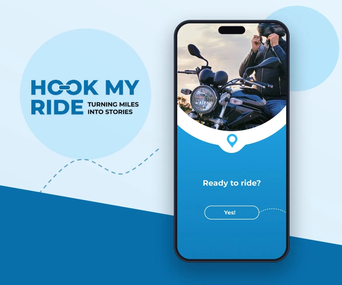Logo HookMyRide i telefon z ekranem powitalnym aplikacji „Ready to ride?” ze zdjęciem motocykla