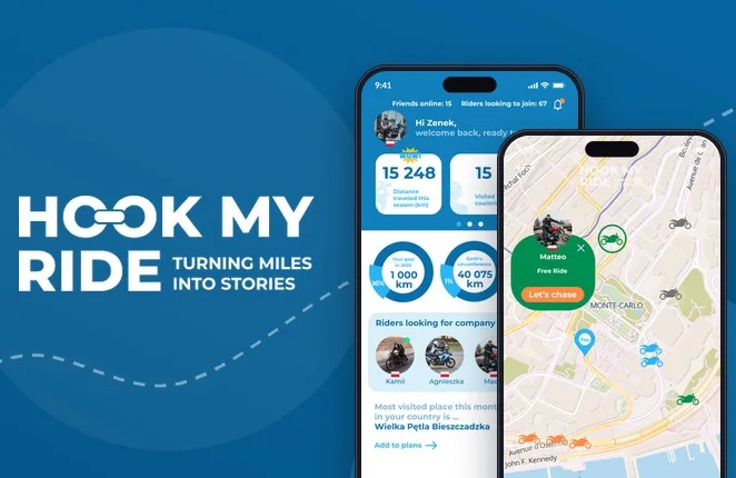 Logo HookMyRide na granatowym tle i dwa telefony z aplikacją: pulpit motocyklisty i mapa z motocyklistami w pobliżu