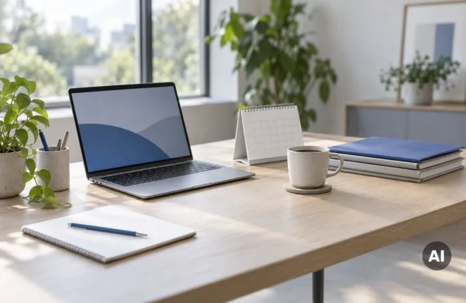 Laptop, kalendarz i kubek z kawą na biurku w jasnym biurze