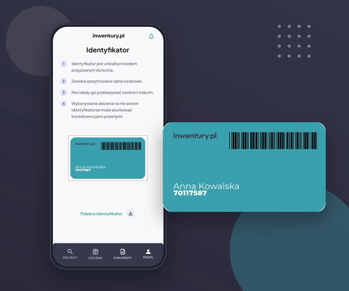 Aplikacja inwentury.pl - ekran identyfikatora i powiększona karta identyfikatora z kodem kreskowym