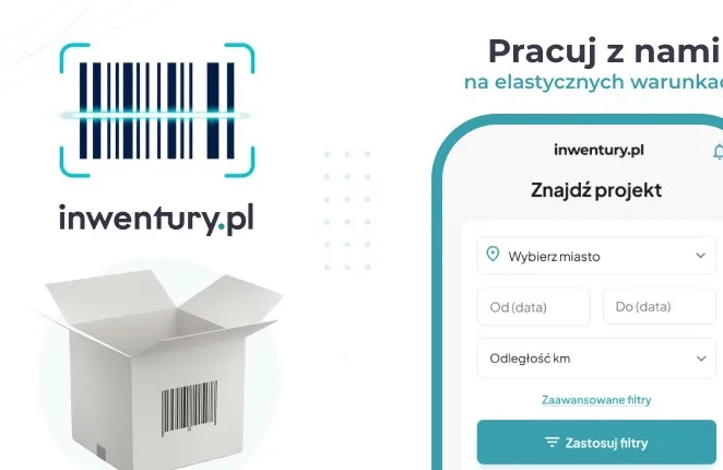 Logo inwentury.pl z kodem kreskowym, karton i telefon z wyszukiwarką projektów w aplikacji z hasłem „Pracuj z nami”