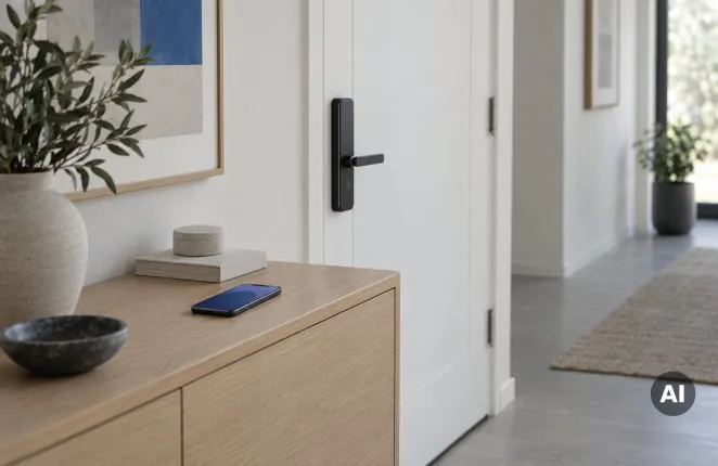 Inteligentny zamek w drzwiach i smartfon na komodzie w nowoczesnym przedpokoju