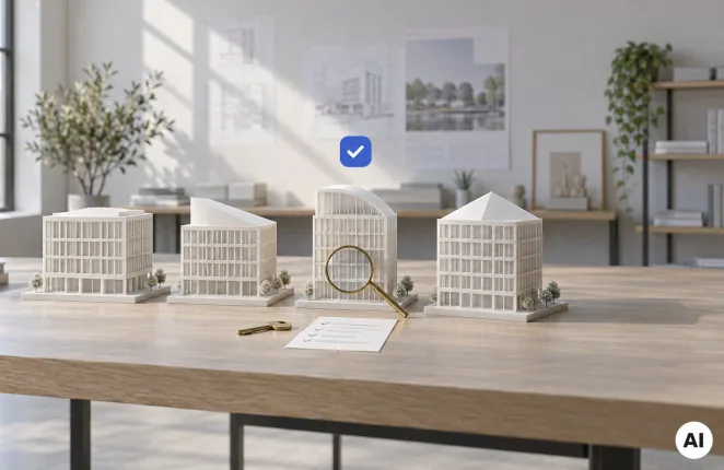 Cztery makiety biurowców, lupa przy jednej, obok klucz i lista kontrolna - jak wybrać software house