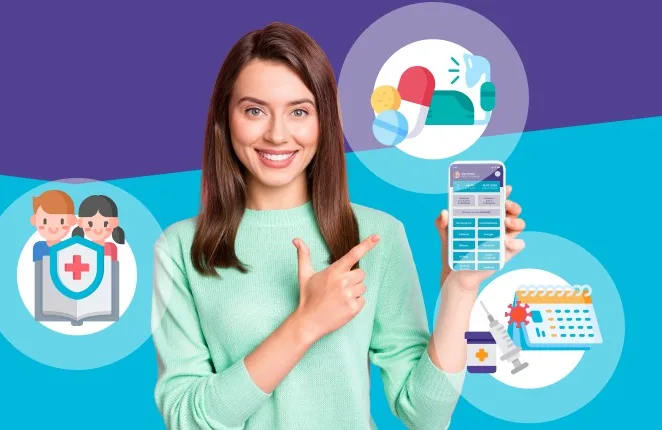 Uśmiechnięta kobieta wskazuje smartfon z aplikacją KidDoc, obok logo KidDoc i ikony leków, szczepień i kalendarza