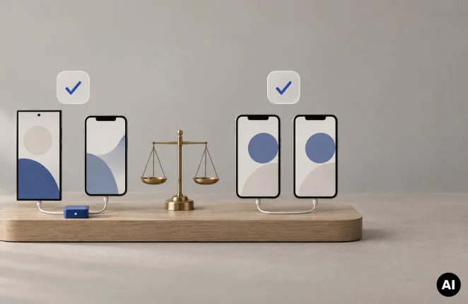 Dwie pary telefonów: różne ze wspólnym modułem i identyczne, między nimi waga - Kotlin Multiplatform czy Flutter