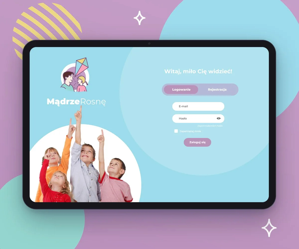 Tablet z ekranem logowania i rejestracji platformy Mądrze Rosnę, z logo i zdjęciem dzieci