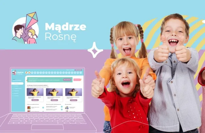 Logo Mądrze Rosnę, rysunek laptopa z platformą i czworo roześmianych dzieci z kciukami w górę na błękitno-liliowym tle