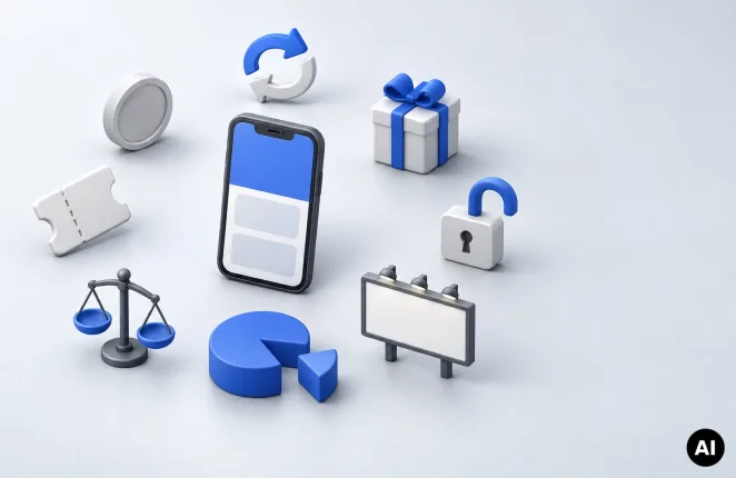 Telefon otoczony monetą, strzałką subskrypcji, prezentem i banerem, obok tort z wyciętym kawałkiem - prowizja sklepu