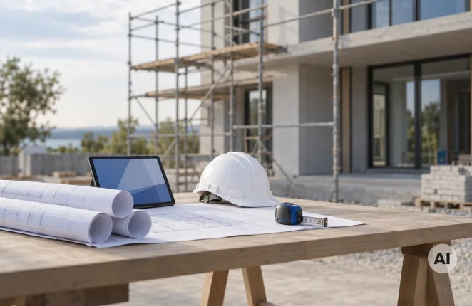 Tablet, plany architektoniczne i kask budowlany na stole, w tle budowany budynek