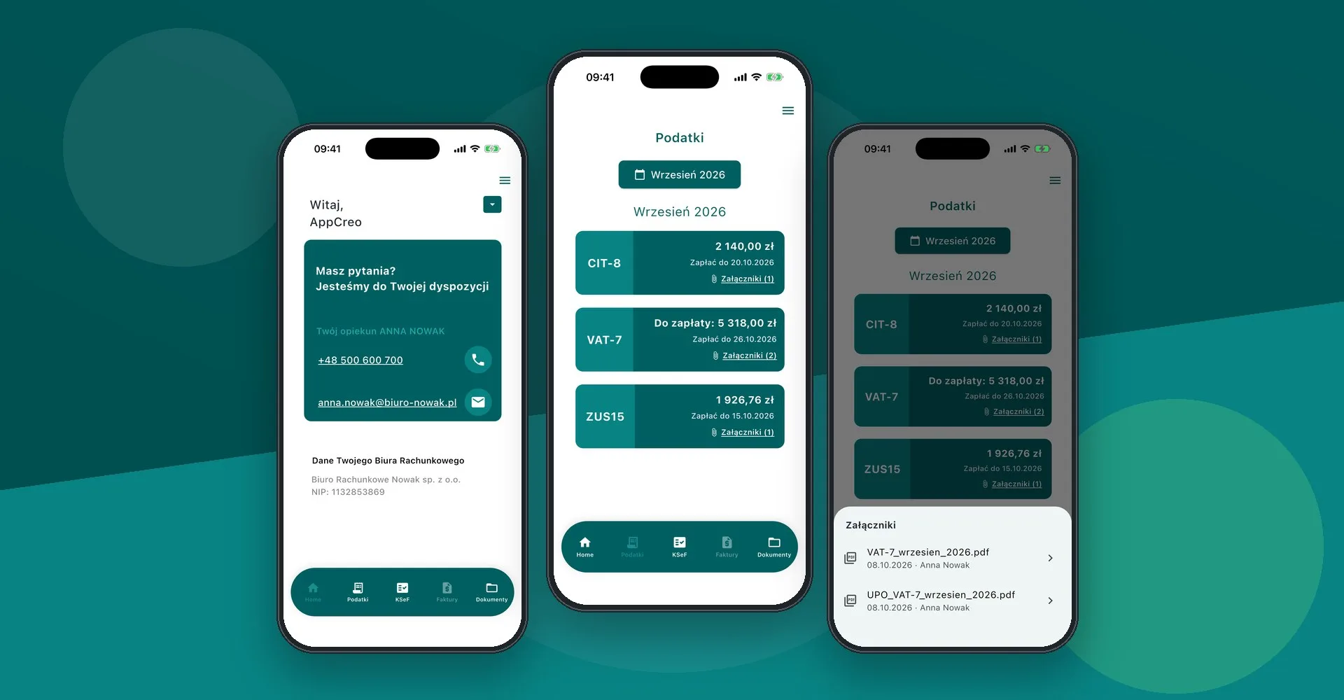 Aplikacja PPmobile - pulpit z opiekunem z biura, podatki do zapłaty z terminami i lista załączników PDF