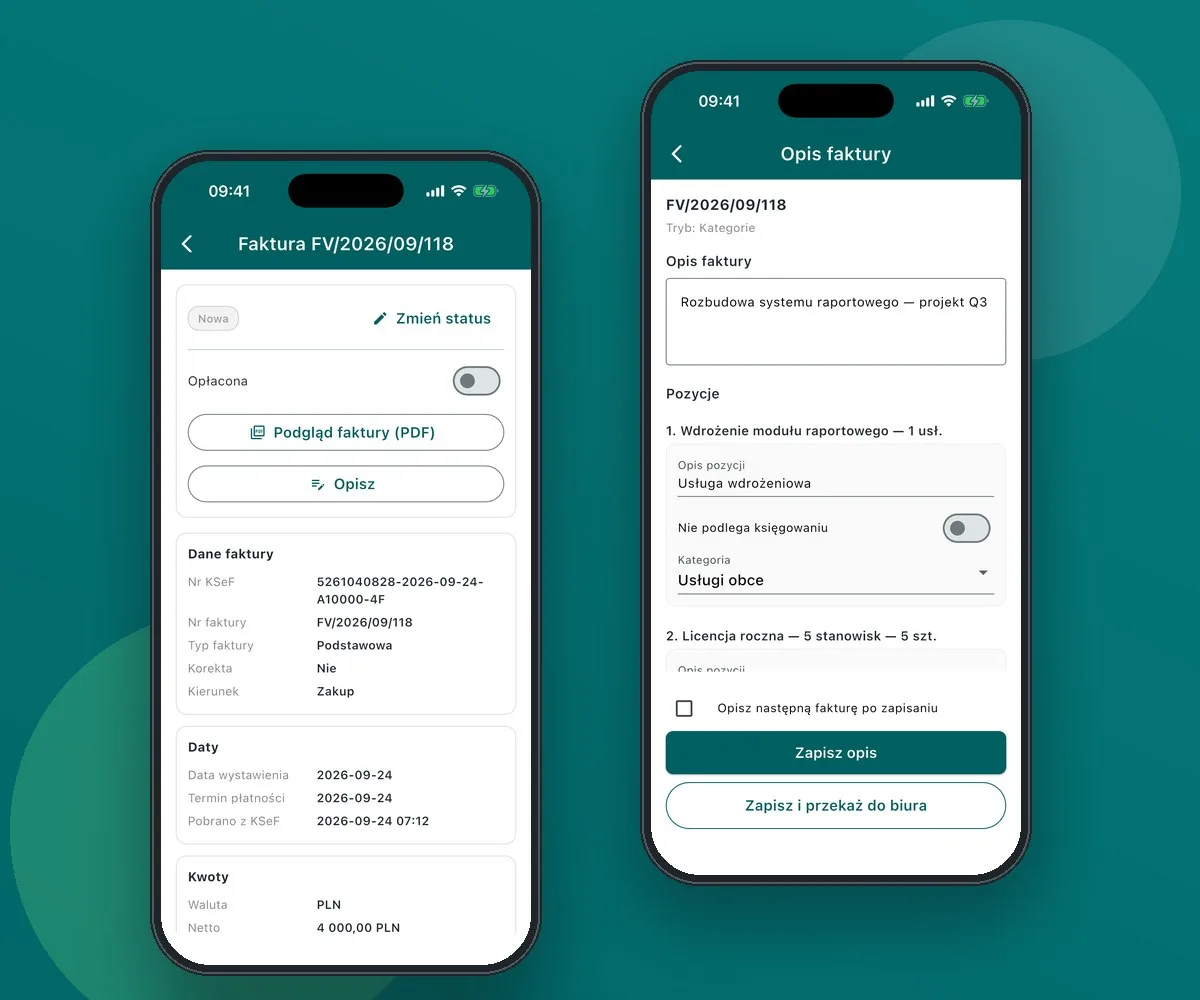 Aplikacja PPmobile - szczegóły faktury z KSeF i opisywanie pozycji faktury przed przekazaniem do biura