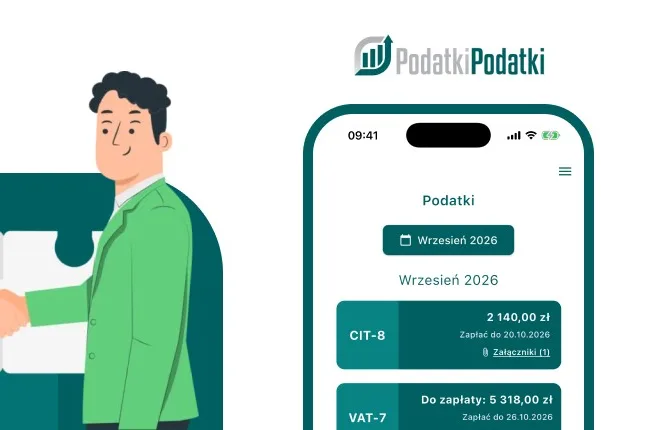 Ilustracja uścisku dłoni na tle puzzli, logo PodatkiPodatki i telefon z listą podatków do zapłaty w aplikacji PPmobile