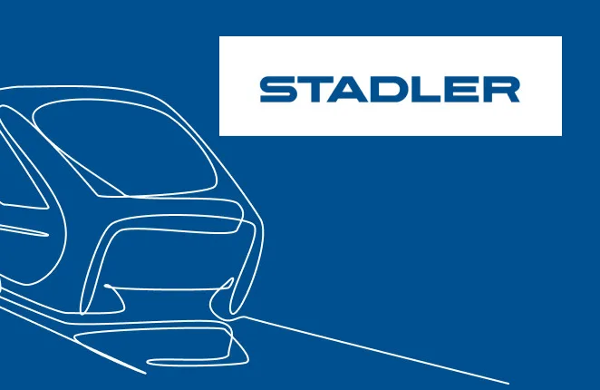Rysunek nowoczesnego pociągu białą linią na niebieskim tle, obok logo Stadler